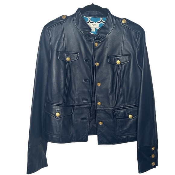 LOFT Navy Blue Leather Jacket Size 4 - Picture 1 of 7